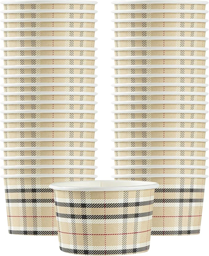 Restaurantware Coppetta 5 Ounce Dessert Cups, 50 Disposable Ice Cream Cups - Lids Sold Separately, Sturdy, Plaid Paper FroYo Bowls, For Hot And Cold Foods, Perfect For Gelato Or Mousse