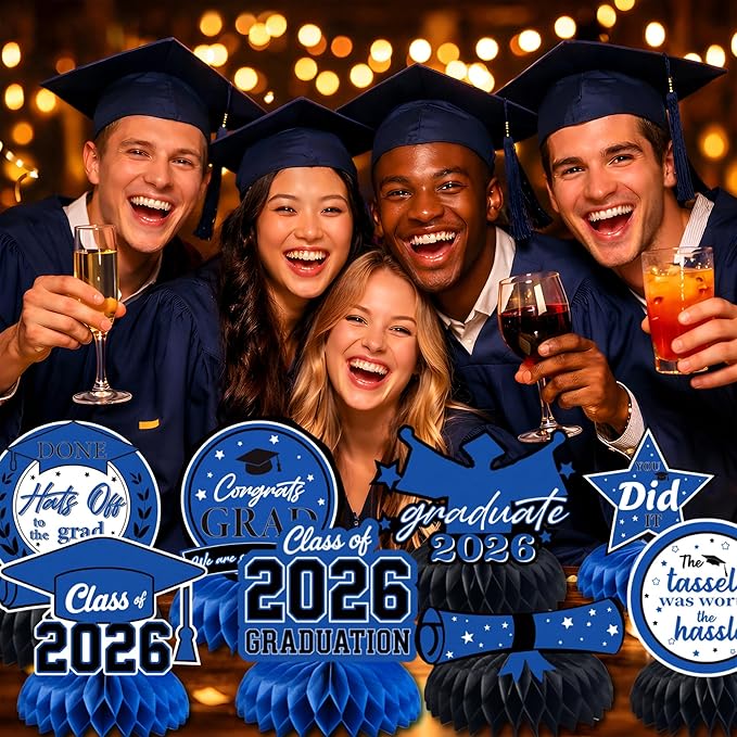 Graduation Decorations 2026 - Blue Graduation Honeycomb for Table Centerpiece | Graduation Party Decorations Class of 2026,Table Toppers for Graduation Party Favors Supplies Indoor Outdoor