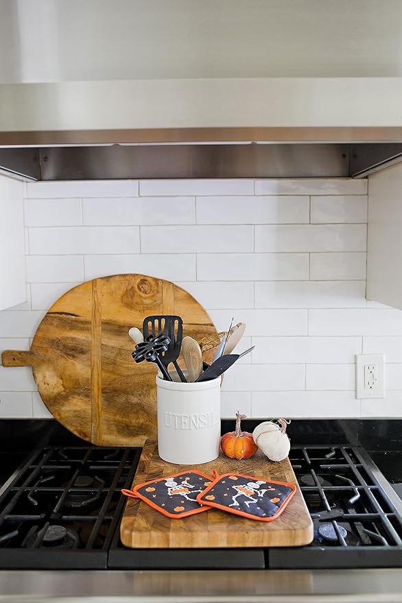 Pearhead Halloween Skeleton Chef Pot Holders Set of 2, Heat-Resistant Kitchen Hot Pads with Hanging Loops, Spooky Pumpkin Design for Cooking, Baking, Serving, and Festive Autumn Holiday Décor