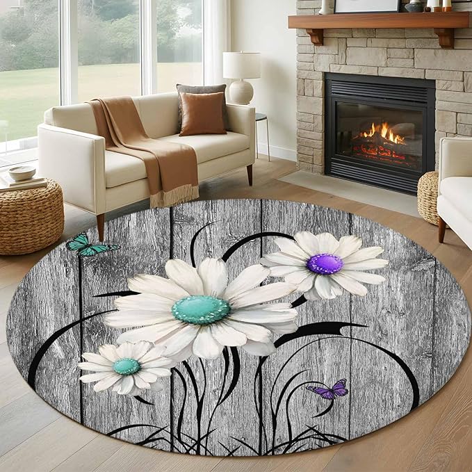 Washable Round Area Rug Farm Daisy Shabby Wood Grain Circle Rugs Floor Carpet for Living Room Bedroom, Vintage Flower Plant Butterfly Soft Non Slip Round Rug 5ft
