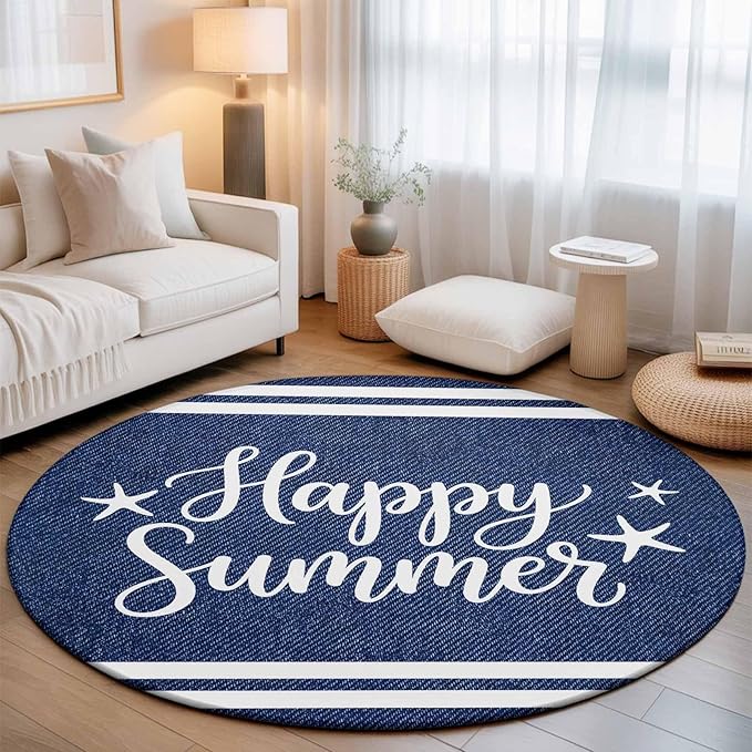 Washable Round Area Rug Happy Summer Quote Ocean Starfish Circle Rugs Floor Carpet for Living Room Bedroom, Navy Blue Stripe Denim Texture Soft Non Slip Round Rug 3ft