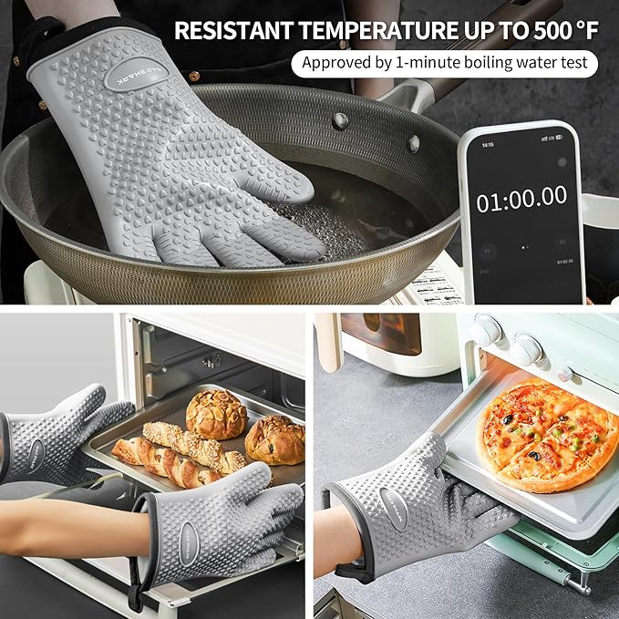 MAD SHARK Silicone Oven Mitts Heat Resistant 450°F,Waterproof & Non-Slip Oven Gloves with Fingers,Cotton Lined Silicone Oven Gloves Kitchen Mitts for Baking Cooking Barbecue,Women,Oven (GREY1)