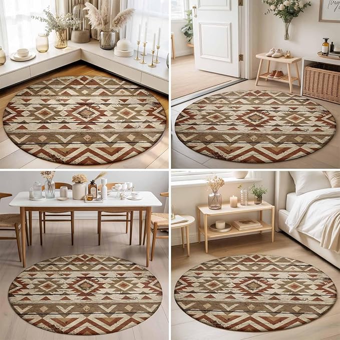 Washable Round Area Rug Rustic Aztec Style Pattern Circle Rugs Floor Carpet for Living Room Bedroom, Southwestern Geometric Art Soft Non Slip Round Rug 5ft