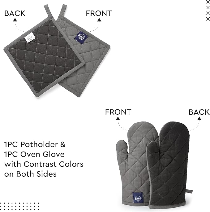 Encasa XO Heat Resistant 100% Cotton Oven Glove & Potholder Set with Loop, Kitchen Cooking Mittens, Microwave Safe Hot Pads (Grey)