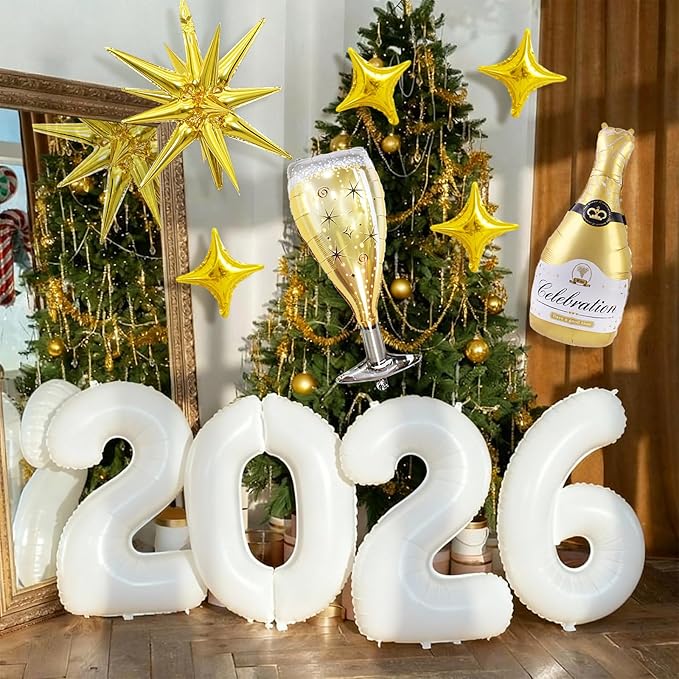White 2026 Balloons, 40 Inch Number 2026 White Foil Balloons, Gold Star Balloon with Champagne Bottle Glass Balloon for Happy New Years Eve Party Supplies 2026 Class of 2026 Graduation Decorations