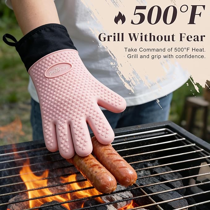 PrettyCare Silicone Oven Mitts, Waterproof & Non-Slip Oven Gloves with Fingers,Cotton Lined Silicone Oven Gloves Kitchen Mitts-Heat Resistant for Baking Cooking BBQ,Women（Pink