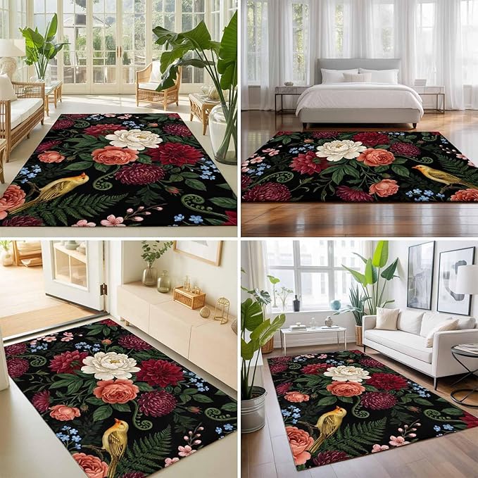 Area Rug 4x6ft, Pastoral Colorful Flower Leaf Washable Rugs for Living Room Bedroom, Country Blossom Floral Bird Soft Non-Slip Area Rugs Rectangle Floor Carpet for Dining Room