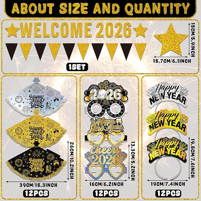 2026 New Year Eve Party Supplies for 24 Guests - New Years Decorations Black Gold, Large Happy New Year 2026 Banner , Glitter Cone Hats , Welcome Banner, Headwear, Eyeglasses and Party Blowers