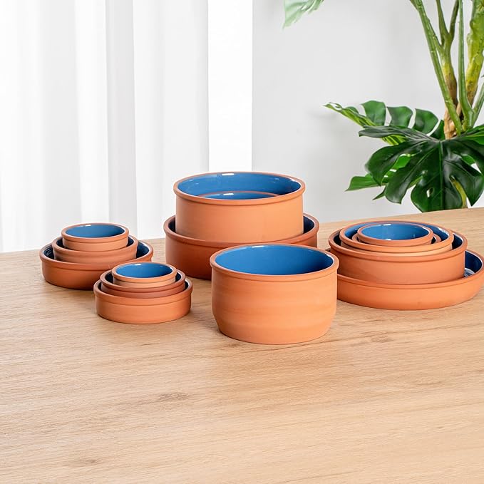 Restaurantware-Terra Tek 34 Ounce Terracotta Cazuelas, 2 Blue Glazed Clay Pots For Cooking - Oven-Ready, Microwavable, Terracotta Serving Pots, Dishwashable, For Cooking And Serving