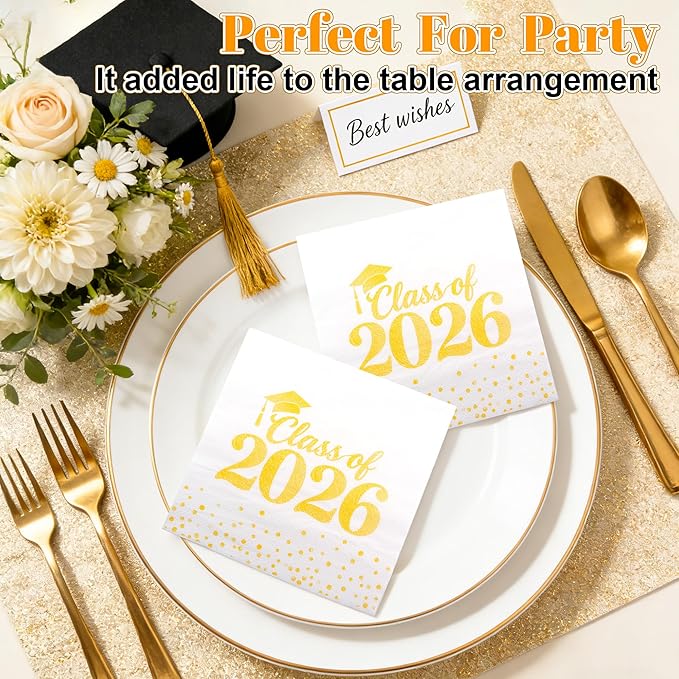 Graduation Napkins, Class of 2026 Napkins Disposable Paper Napkins Congrats Grad Cocktail Napkins Graduation Decorations 2026 Yellow Napkins Hand Towels for College Graduation Party Decorations 50 Pcs