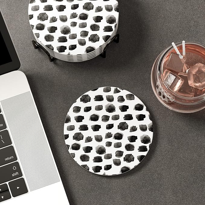 Nipichsha Coasters for Drinks, Set of 6 Cute Absorbent Ceramic Drink Coasters for Cup with Holder and Cork Base, Kitchen Home Decor Housewarming Gift, Round 4 in, Milk White Black Dots