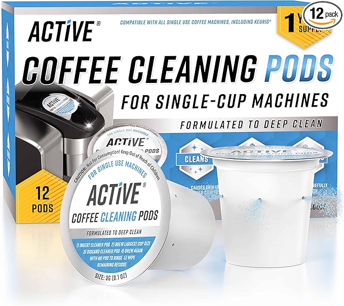 ACTIVE K-Cup Compatible Keurig Cleaning Pods - Quick-Rinse Cleaners for Single Serve Coffee Machine, 12 Month Coffee Maker Cleaner Kit, Brewer Clean Cups for Keurig 1.0, 2.0, Mini Machines - 12 Pack