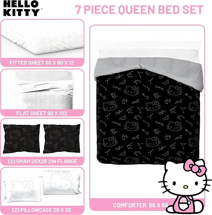 Jay Franco Hello Kitty Stars Queen Comforter Set - 7 Piece Bedding Includes Sheet Set & Pillow Covers - Super Soft Zodiac Black & Gold Bedding