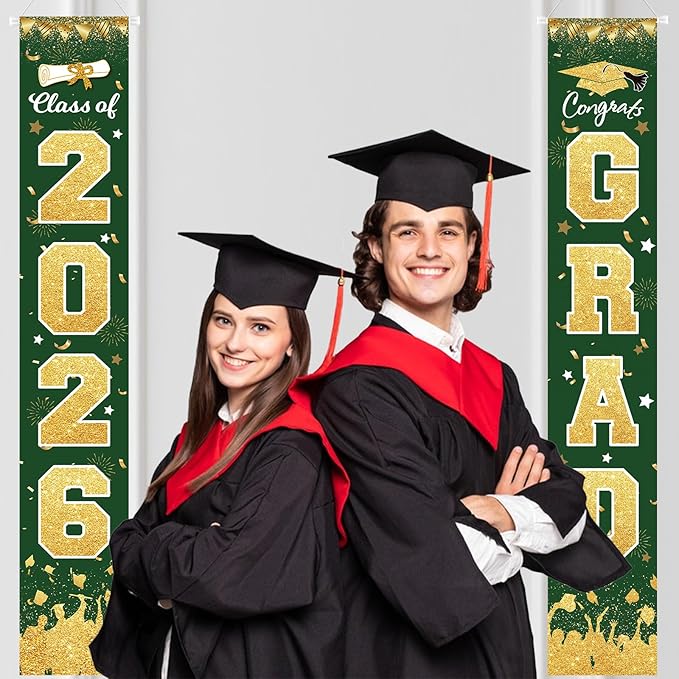 2026 Graduation Party Decorations - Green Gold Class of 2026 Congrats Grad Porch Sign Banner Hanging Flag Graduation Party Supplies for School College Classroom Decor
