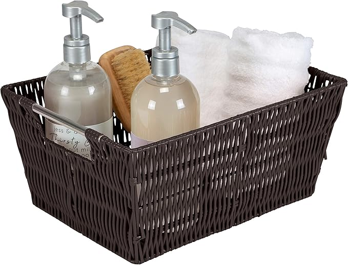 Simplify 3 Piece Set Woven Rattan Tote Baskets | Multi-Size | Handles | Storage & Organization | Toys | Bathroom Accessories | Home | Office | Dorm | Playroom | Closet | Chocolate