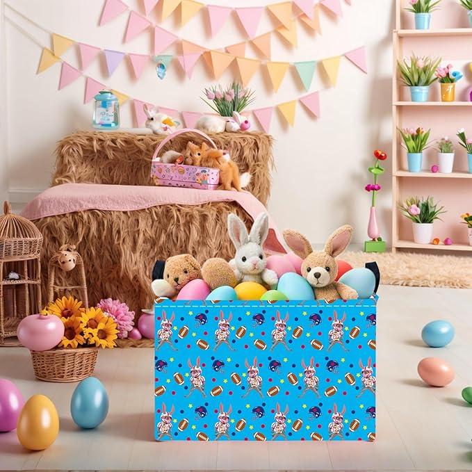 Kid Large Empty Easter Basket Gift Personalized Fabric Bunny Easter Basket for Boy and Girl Room Decor Storage Bin (Rabbit Rugby Blue)
