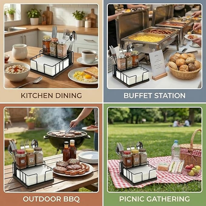 Napkin Holder for Table, 3-in-1 Wood & Metal Utensil Caddy, Cutlery Organizer & Spice Rack for Kitchen Counter, Dining, Outdoor Patio (Black)