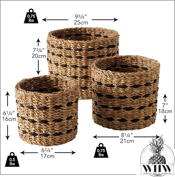 WHW Whole House Worlds Black Striped Seagrass and Jute Baskets, Round, Natural Chunky Sweater Weave, Set of 3, Made by Hand, from 9.75, 8.25, and 6.75 D Inches
