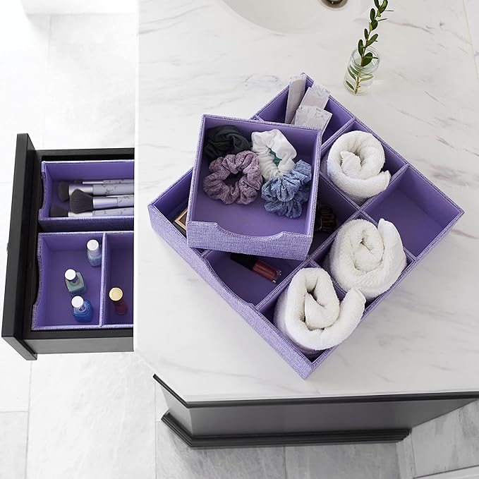 Household Essentials 2-Pack of Drawer Organizers, Sturdy Chipboard With Soft Polyester Cover, Handy and Fashionable Organization Solution, 3” H x 4” W x 12” D, Iris