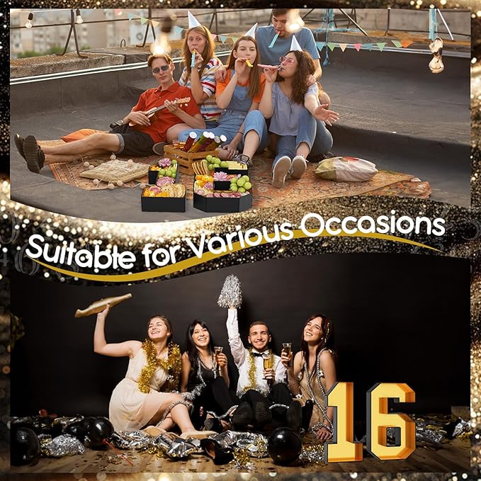 16 Cardboard Numbers for Charcuterie Numbers Fillable 13.8'' Black Gold Paper Mache Number Shaped Cupcake Pans Board Box Trays Container for Food Candy 16th Birthday Party Decorations Anniversary