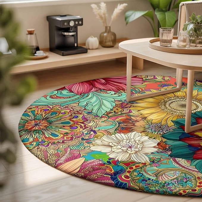 Washable Round Area Rug Boho Colorful Blossom Flower Circle Rugs Floor Carpet for Living Room Bedroom, Country Retro Ethnic Floral Soft Non Slip Round Rug 3ft