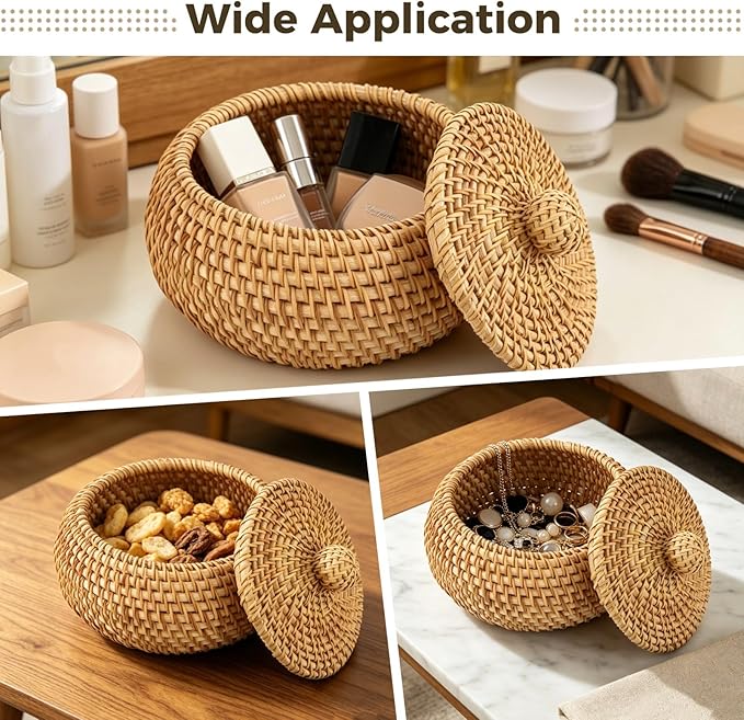 ZALIR Round Rattan Basket with Lid, Small Handmade Woven Storage Basket, Decorative Organizer Box, Vintage Rattan Tabletop Container for Keys, Candy, Sundries, 5.9 x 3.5 in