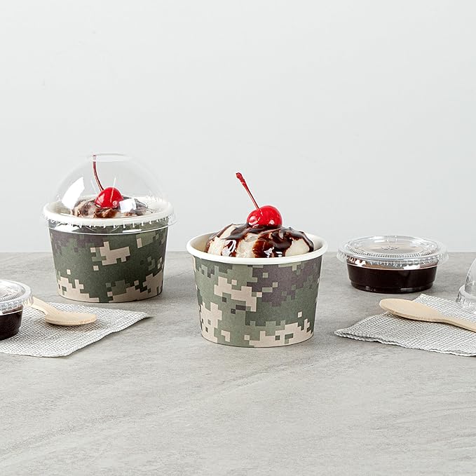 Restaurantware Coppetta 4-Ounce Dessert Cups, 50 Disposable Ice Cream Cups - Lids Sold Separately, Heavy-Duty, Camouflage Paper Frozen Yogurt Bowls, For Hot And Cold Foods
