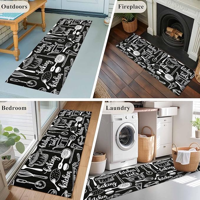 Black Kitchen Tools 2x6 Kitchen Runner Rug, Modern Cooking Utensil Non-Skid Rubber Backing Large Area Rugs - Living Room Bedroom Home Office, Farmhouse Cookware Indoor Floor Mat Carpets Washable Rug