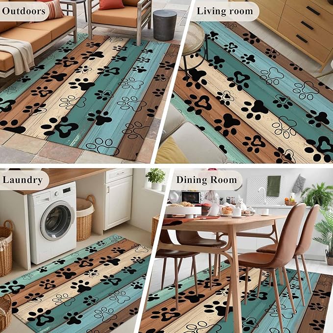 Area Rug 4x6ft, Farm Brown Wood Board Washable Rugs for Living Room Bedroom, Dog Paw Print Animal Footprint Soft Non-Slip Area Rugs Rectangle Floor Carpet for Dining Room