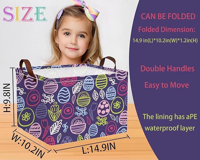 Large Rectangular Easter Baskets Empty Waterproof Boy Toy Box Foldable Kid's Gifts Storage Bin Spring Room Decor(Purple Striped Egg)