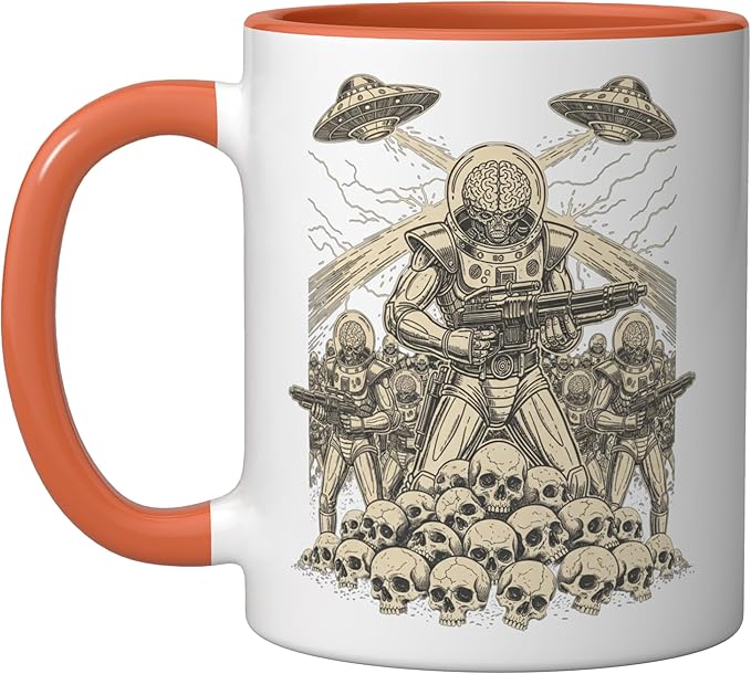 Alien Brain Soldier Retro Sci Fi Saucer Art Ceramic Mug, Orange/White