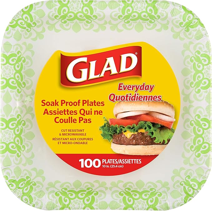 Glad Square Heavy Duty Paper Plates, Soak Proof and Cut Proof Disposable Plates for Parties and Everyday Meals, Microwaveable for Easy Serving, Green Victorian Pattern, 10 Inch, 100 Count