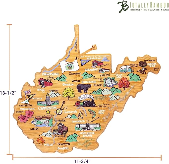 Totally Bamboo West Virginia State Shaped Cutting Board and Charcuterie Serving Platter with Artwork by Fish Kiss, Includes Hang Tie for Wall Display