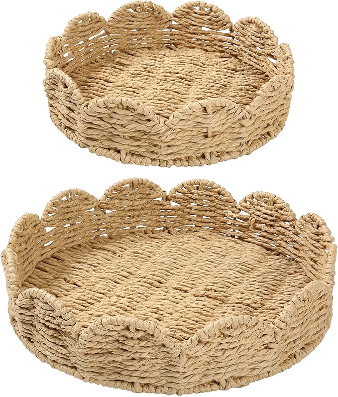 Scalloped Basket Set of 2 - Round Rattan Tray, Wicker Serving Tray, Round Woven Tray for Home Decor, Scallop Basket Table Trays for Decor, Water Hyacinth Woven Rattan Baskets for Organizing