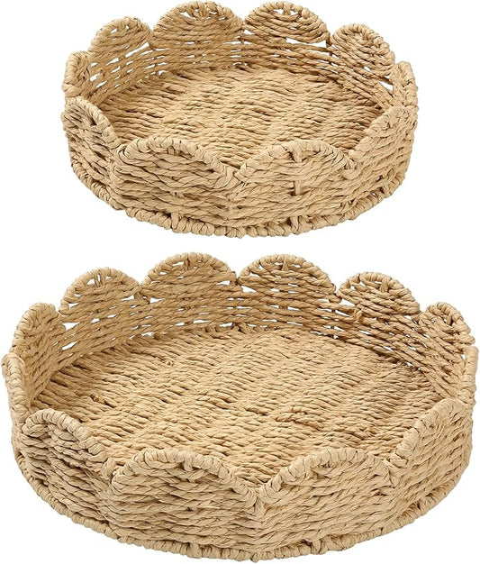 Scalloped Basket Set of 2 - Round Rattan Tray, Wicker Serving Tray, Round Woven Tray for Home Decor, Scallop Basket Table Trays for Decor, Water Hyacinth Woven Rattan Baskets for Organizing