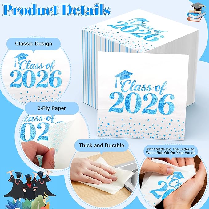 Graduation Napkins - Class of 2026 Napkins Disposable Paper Napkins Congrats Grad Cocktail Napkins Graduation Decorations 2026 Light Blue Napkins Hand Towels for Graduation Party Decorations 50 Pcs