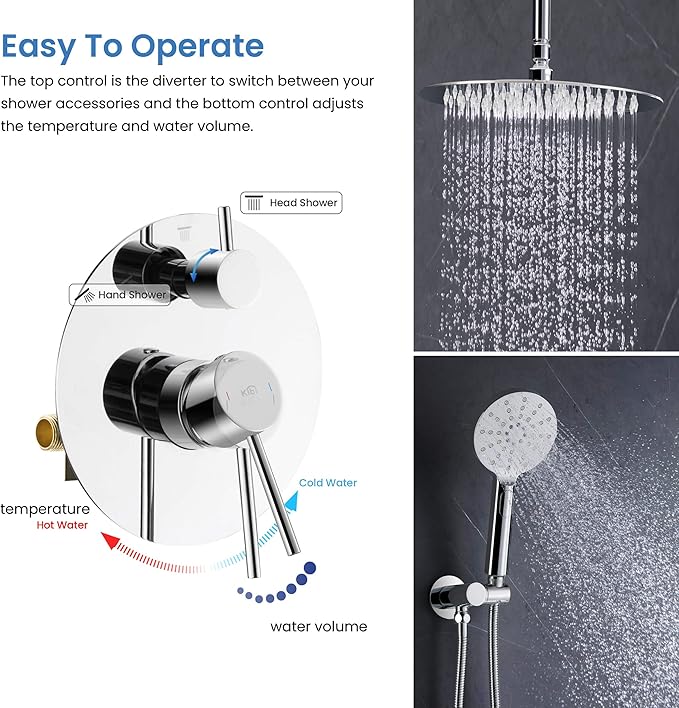 KIBI Circular Ceiling Mounted Shower System with 2-Function Faucet Set | Solid Brass Pressure Balanced Valve | Anti-Scald Design for Reliable Water Temperature Control (Chrome Finish, KSF408)