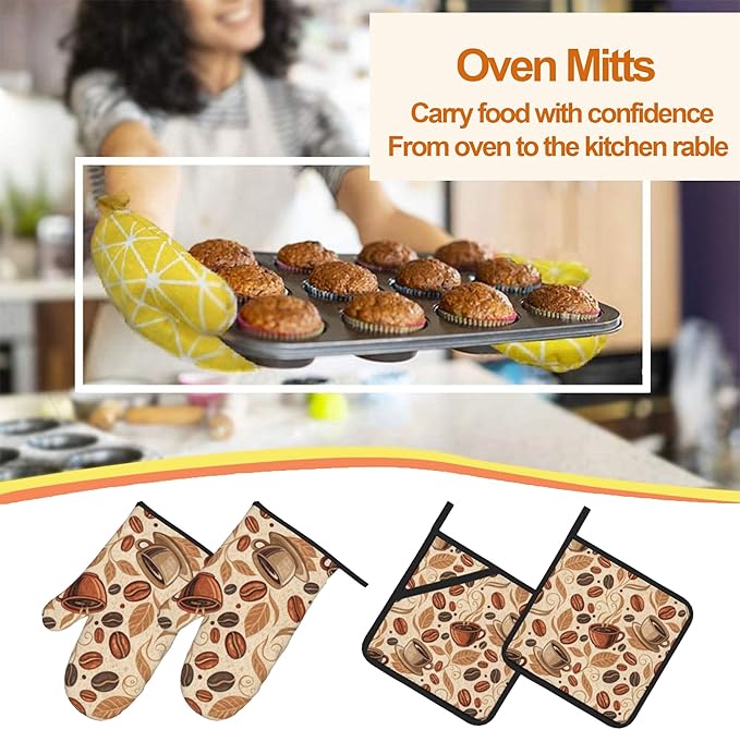 Vintage Coffee Leaves Oven Mitts and Heat Resistant Pads - Heat Resistant Gloves Potholder Set of 4 for Cooking, BBQ, Gifts for Women