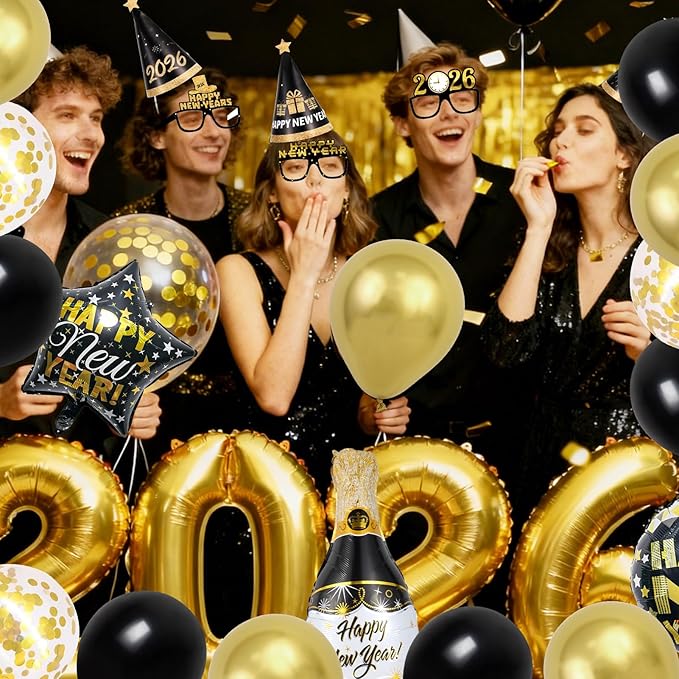 Happy New Year Party Decoration, 2026 Foil Balloon Banner and Curtains Photography Backdrops, Photo Booth Props Hats Paper Glasses Party Decorations for New Years Eve Party Supplies