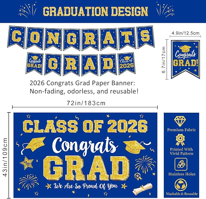 Graduation Decorations Class of 2026 - Blue and Gold Party Supplies with Congrats Grad Backdrop & Banner, Hanging Swirls, Porch Sign, Balloons for Graduation Decorations bjb-2-lanjin