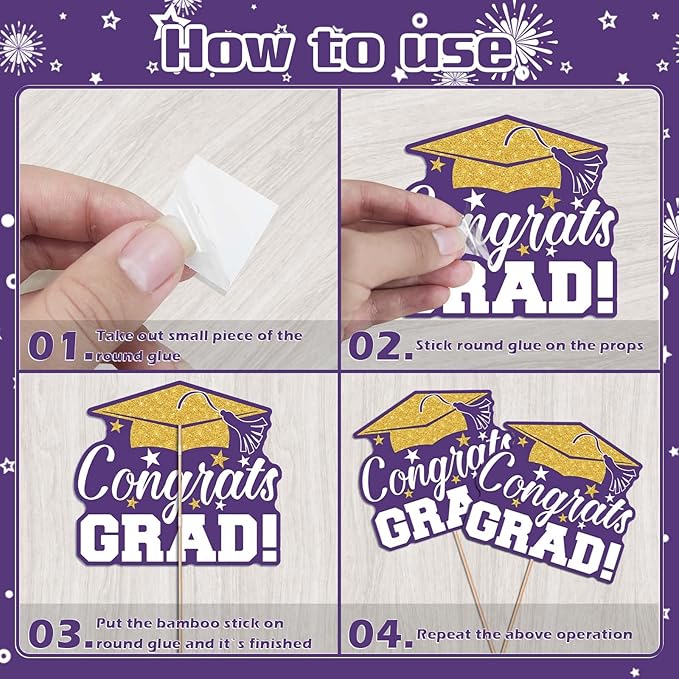 2026 Graduation Party Decorations - 24 Pcs Class of 2026 Congrats Grad Table Centerpieces Graduation Table Decorations Sticks Table Toppers for Graduation Party (Purple Gold)