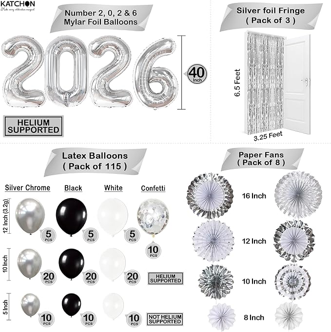 KatchOn, Huge New Years Eve Party Supplies 2026 - Huge Pack of 154 | Silver Fringe Backdrop | 2026 Balloons | Star Balloons For New Years Decorations 2026| NYE Decorations 2026 | New Year Party Decor