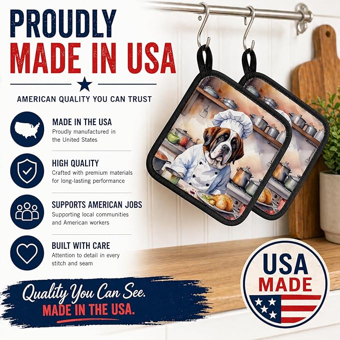 Caroline's Treasures Saint Bernard The Chef Pair of Pot Holders Kitchen Heat Resistant Pot Holders Sets Oven Hot Pads for Cooking Baking BBQ, 7 1/2 x 7 1/2