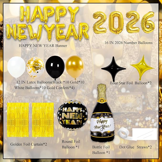 2026 New Year Decorations Kit, 2026 Happy New Years Eve Party Supplies with Foil Balloons Happy New Year Banner, Balloons, Champagne Foil tassel Curtain for New Years Party Decoration