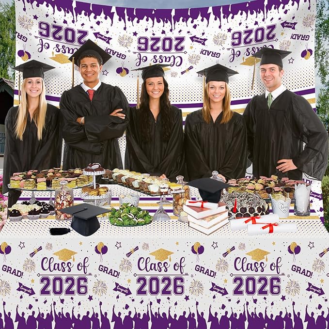 Graduation Decorations Class of 2026 Tablecloth - 3 Pcs Plastic Congrats Grad Table Cloth, Graduation Table Cover for Graduations Party Decorations 2026 and Party Supplies, 54"x108" (Purple and Gold)