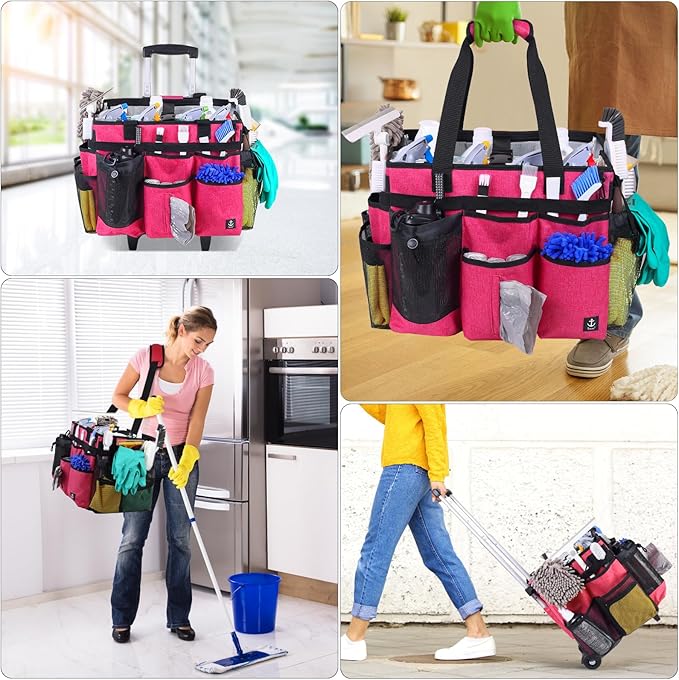 Extra large Rolling Cleaning caddy bag Built-in Hard Support Board,Cleaning Cart with Detachable Trolley, Housekeeping Cleaning caddy with Adjustable Shoulder Strap and Multiple Storage Pockets