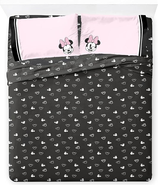 Jay Franco Kids Sheet Set with Fitted, Flat Sheets & Pillow Cover - Ultra-Soft Bedding with Pillowcase for Room Decor, Black - Minnie Mouse, 4 Piece Queen