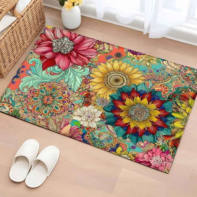 Area Rug 2x3ft, Boho Colorful Blossom Flower Washable Rugs for Living Room Bedroom, Country Retro Ethnic Floral Soft Non-Slip Area Rugs Rectangle Floor Carpet for Dining Room
