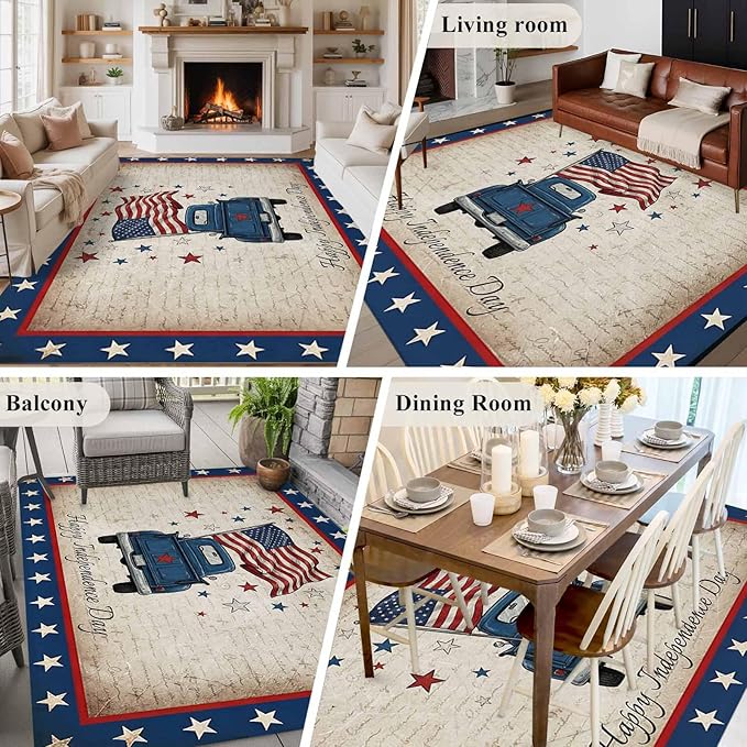 Area Rug 6x9ft, Happy Independence Day USA Flag Washable Rugs for Living Room Bedroom, Retro Blue Truck Soft Non-Slip Area Rugs Rectangle Floor Carpet for Dining Room