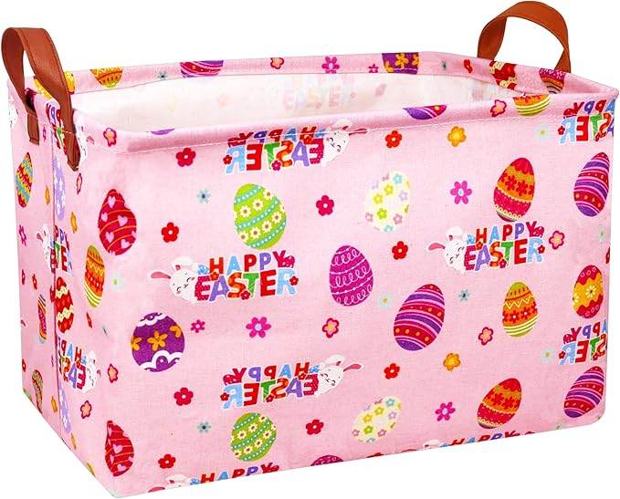 Large Rectangular Easter Baskets Empty Waterproof Boy Toy Box Foldable Kid's Gifts Storage Bin Spring Room Decor(HAPPY Pink Rabbit Egg)